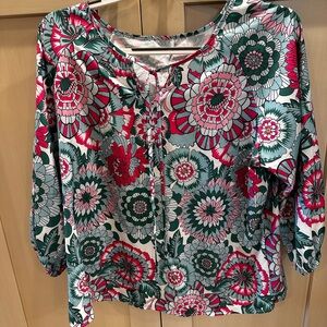 Womens Floral Tie-Neck Blouse in Pink & Green
